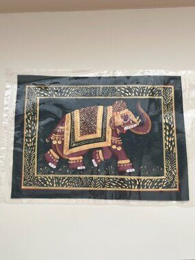 Indian Gold Elephant painting on silk paper ornate historical mughal desi art